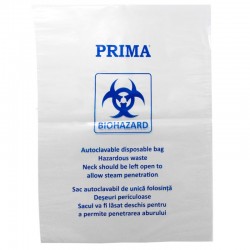 Sac transparent autoclavabil, cu semn BIOHAZARD, rezistent la 134˚C, 60x75cm, 68litri, 10 buc