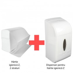 Pachet Hartie igienica Z, 2 straturi, 180 foi x 3 baxuri si Dispenser INOX pentru hartie igienica Z, 125x120x295mm