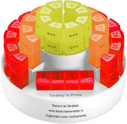 Organizator medicamente lunar x 4 casete colorate / zi, pentru calatorie in suport rotund
