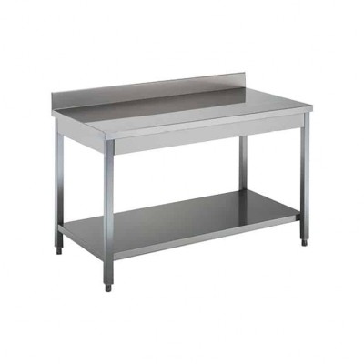 MASĂ DE LUCRU DIN OȚEL INOXIDABIL - RAFT INFERIOR - SPATE CU PROTECȚIE COD. TI4