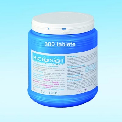 Dezinfectant tablete clor BICLOSOL - dezinfectant clorigen (pe baza de clor) sub forma de tablete efervescente, dizolvabil in apa cu spectru de actiune larg: bactericid, fungicid, virucid, micobactericid, tuberculocid, sporicid