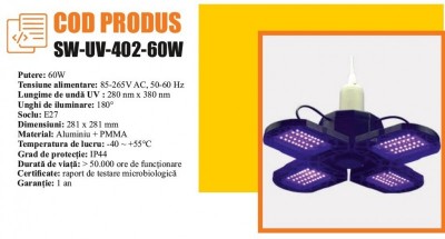 Lampa germicidala / bactericida UV 60W pentru sterilizare  SW-UV-402-60W