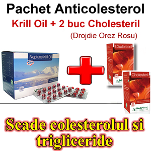Reduceri medicale: Pachet anticolesterol: Krilloil (180 caps)+2 cutii Drojdie orez rosu, Transport GRATUIT